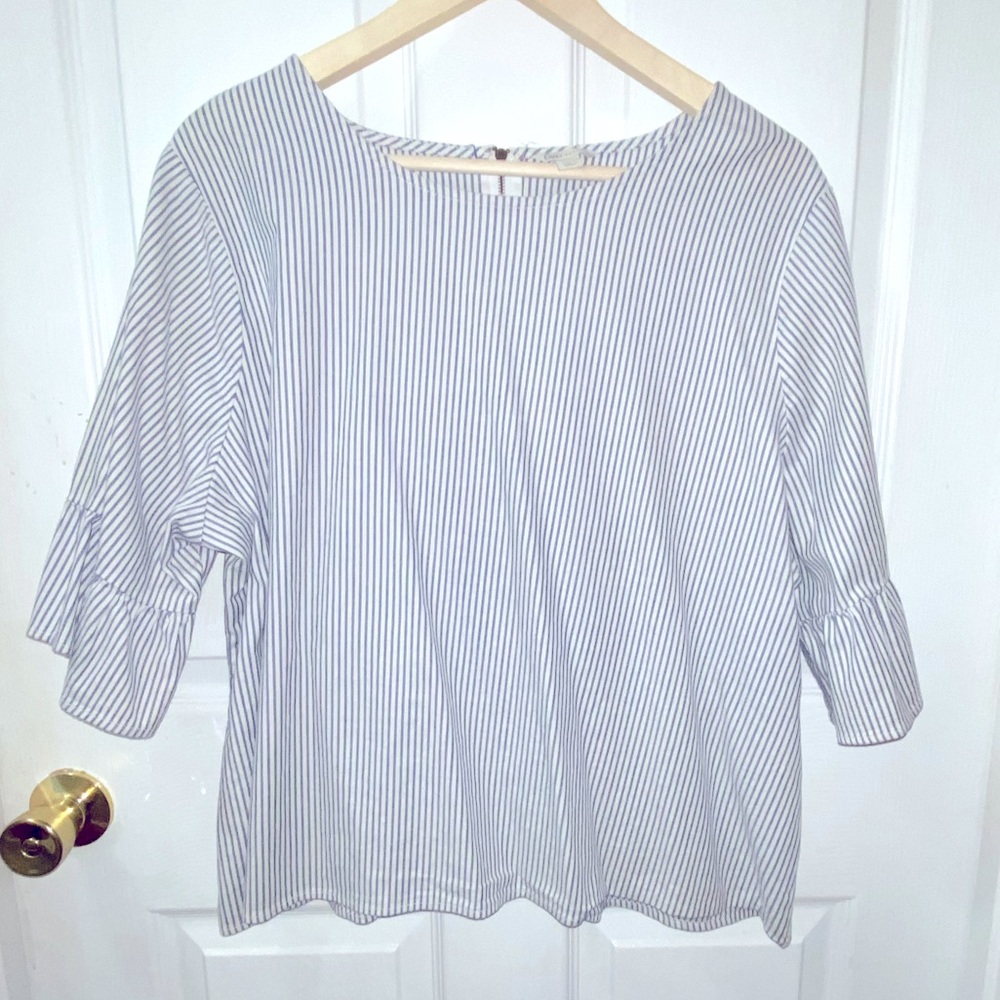 Cato Blue and White Striped pleated 3/4 Length sleeve Blouse